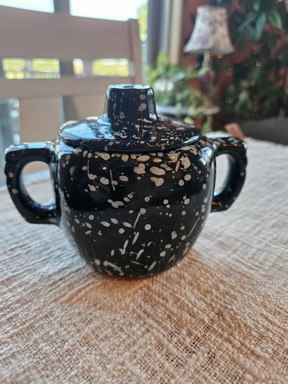 Rare Vintage Frankoma Pottery Dark Green Speckled Lidded Sugar Bowl